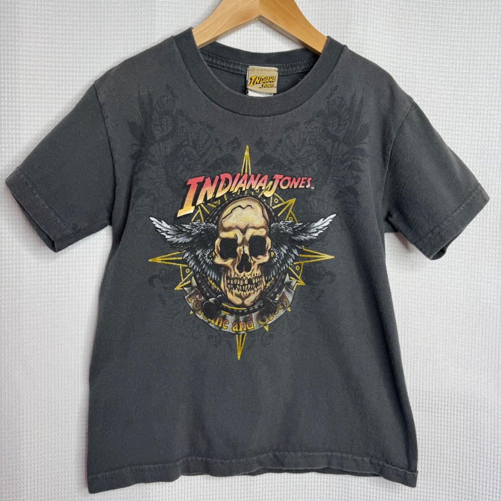 Indiana Jones Y2K 2008 Kids Graphic Tee Fortune and Glory Skull Shirt Grey 6/7